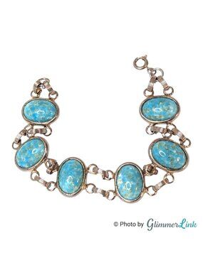 Vintage Faux Turquoise Cabochon Bracelet Light Gold Tone Double Link Blue Stone